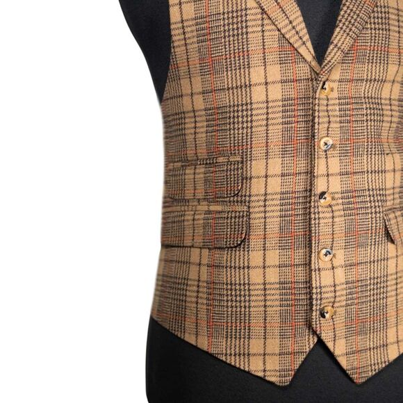 Mens Plaid Wool Vest 42R Tan Orange Waistcoat Wedding Prom Party Formal Casual - Picture 7 of 10